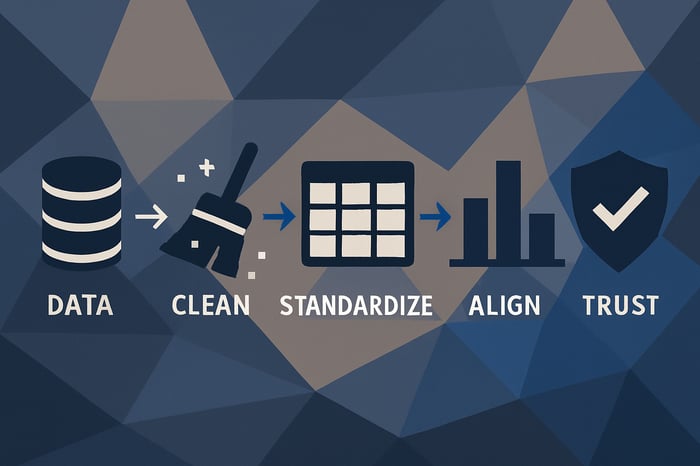 lowpoly Data  Clean  Standardize  Align  Trust abstract  colors are dark blue white taupe and electric blue-1