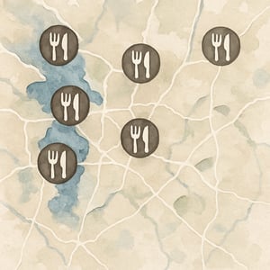 multiple restaurant locations across a regional map colors are blues taupes whites watercolors