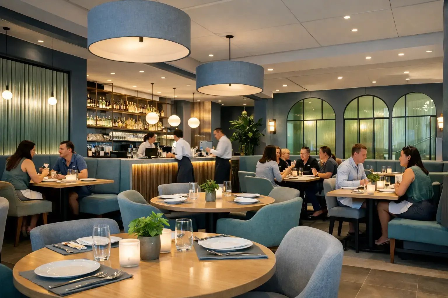 Inside bustling modern restaurant