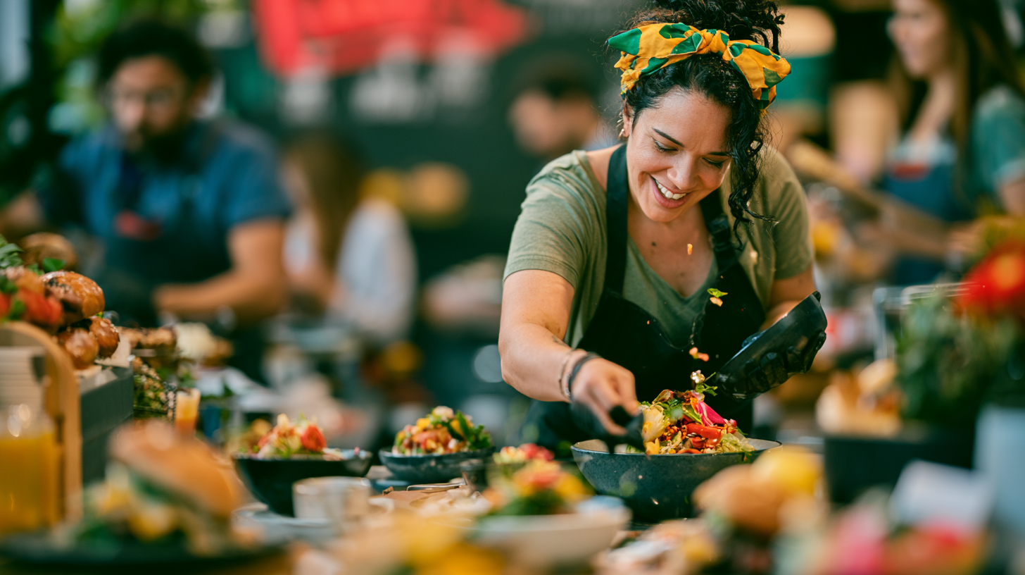 restaurant worker making salad